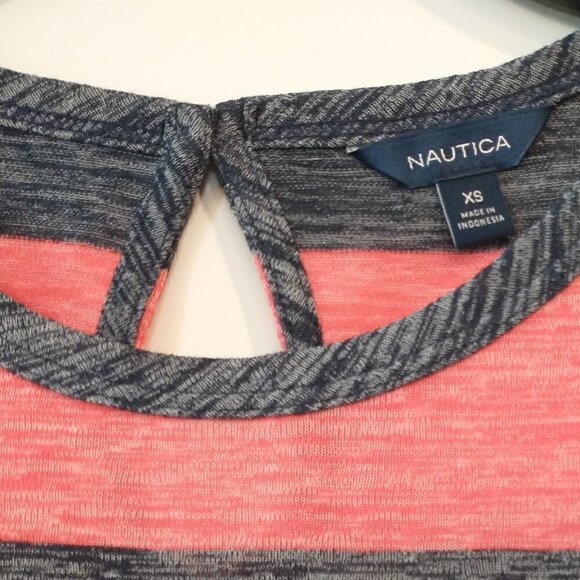 Nautica Womens Red Black Striped T-Shirt Size XS Top Keyhole Back Button Tee New - Picture 8 of 13